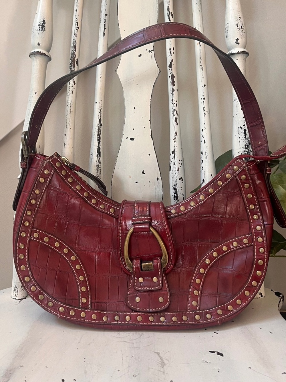 Nine West Red Croc Embossed Studded Y2K Shoulder Bag